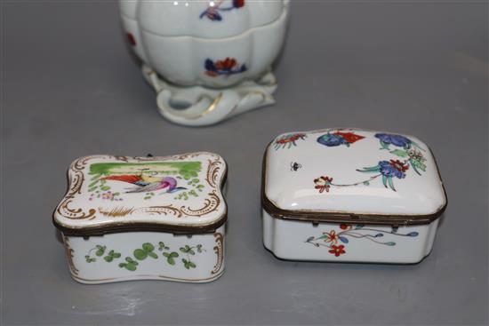 A Portuguese enamel box and cover and two other porcelain caskets, largest 13cm